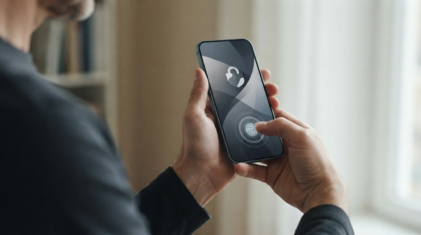 Hand hält Smartphone mit biometrischer Authentifizierung über abstrakter App-Oberfläche