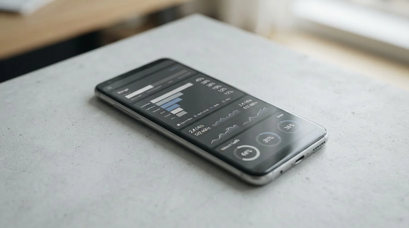 Smartphone-Bildschirm zeigt abstrakte Speicher- und Datenverbrauch-Statistiken in neutraler Darstellung