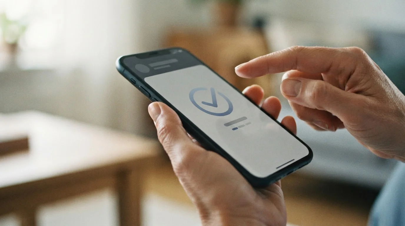 Hand hält Smartphone während mobiler Zahlungsvorgang mit biometrischer Authentifizierung