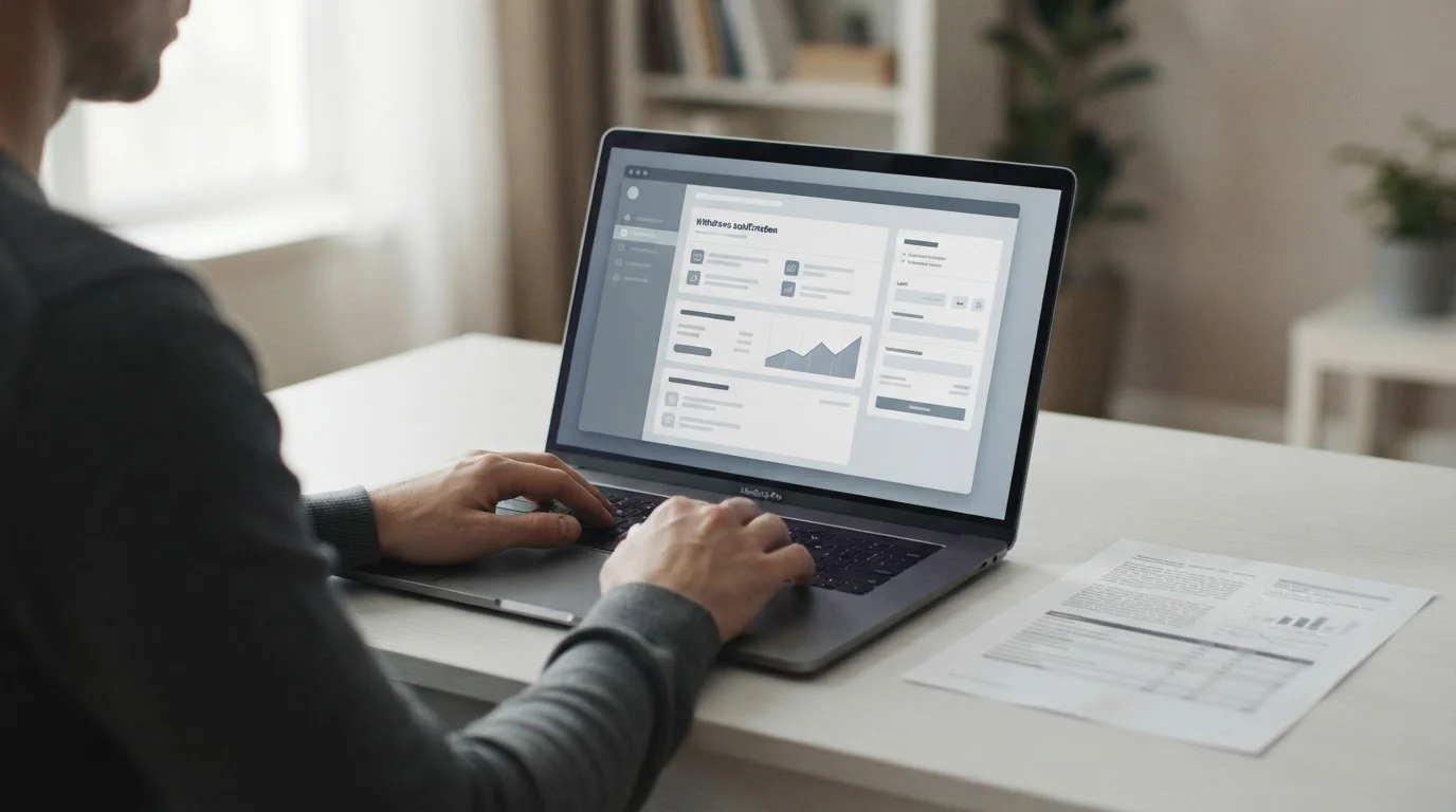 Laptop-Bildschirm mit Auszahlungs-Interface und Dokument über Verifizierungsschwellen
