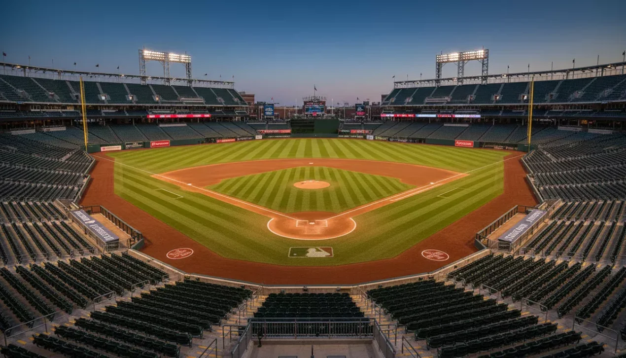 Ballpark Faktor bei Baseball Wetten — Blick über ein MLB-Stadion mit Outfield und Flutlicht bei Abendstimmung