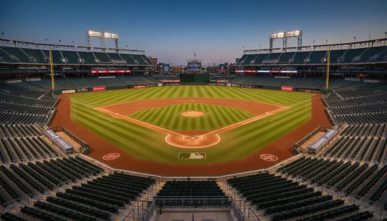 Ballpark Faktor bei Baseball Wetten — Blick über ein MLB-Stadion mit Outfield und Flutlicht bei Abendstimmung