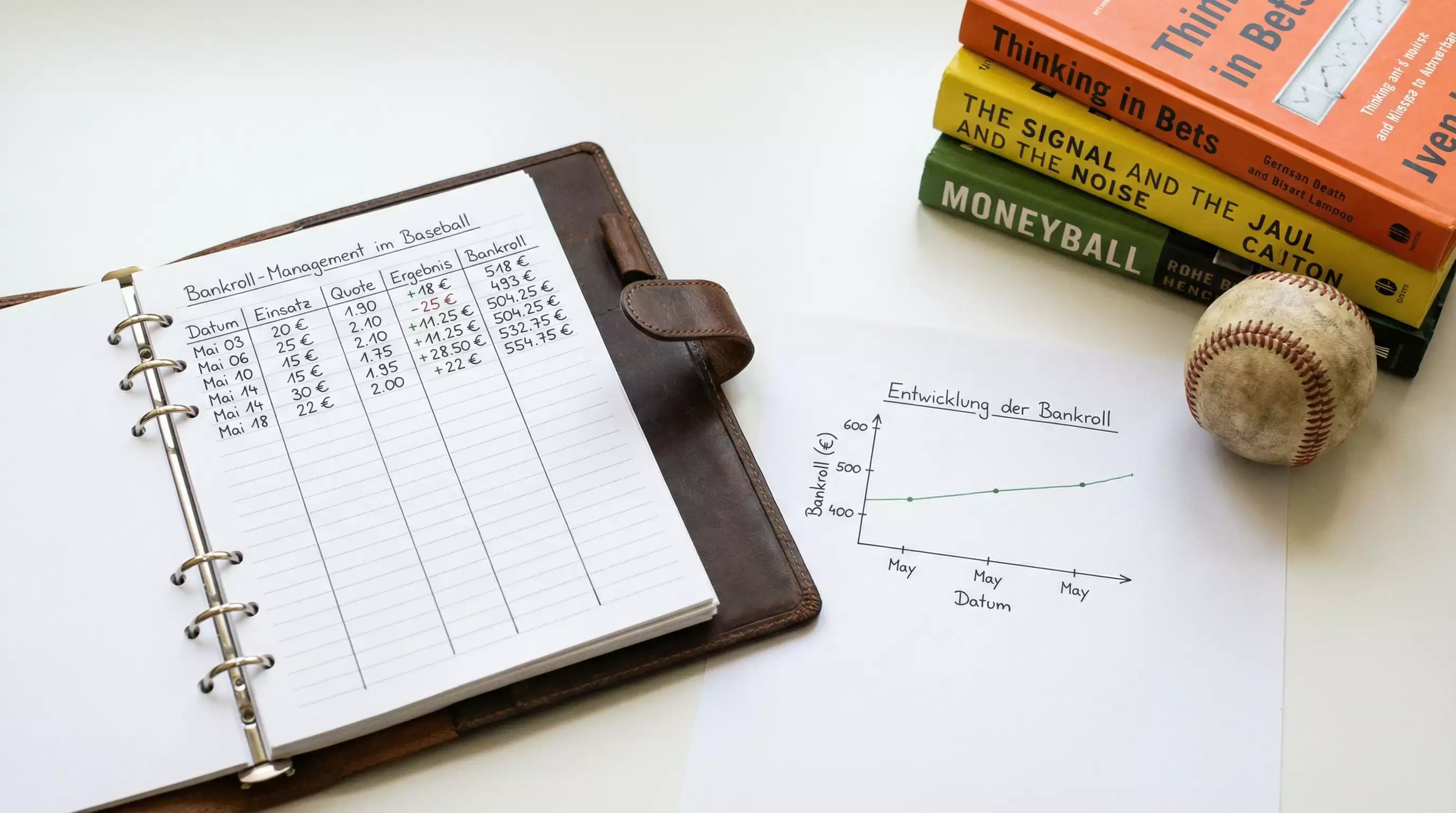 Bankroll Management für Baseball Wetten — Notizbuch mit Staking-Plan und Stift auf einem Schreibtisch