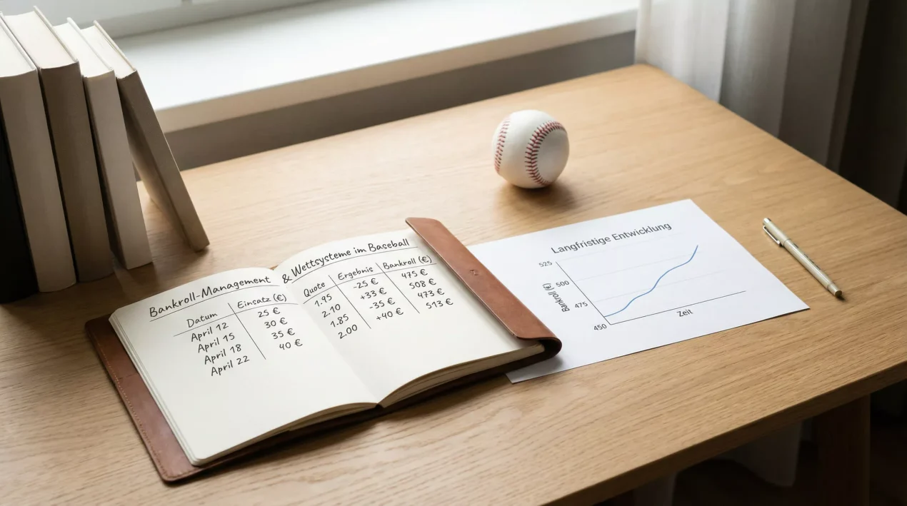 Bankroll Management für Baseball Wetten — aufgeschlagener Planer mit Staking-Notizen auf einem Schreibtisch