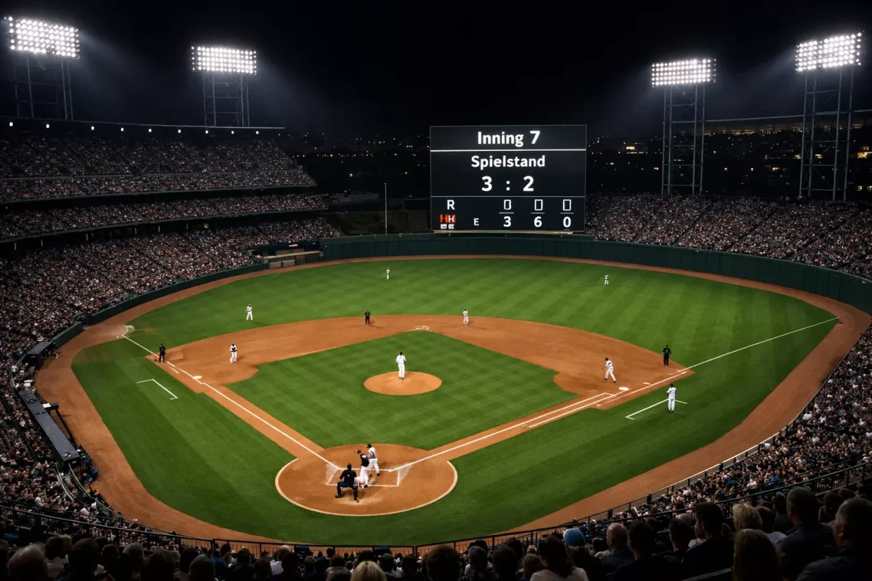 Baseball Livewetten – Nahaufnahme eines MLB-Spiels bei Nacht mit beleuchteter Anzeigetafel