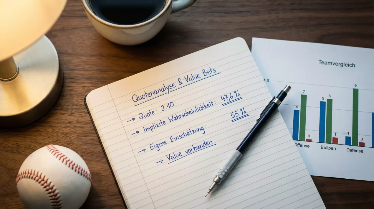 Baseball Quoten Analyse — Notizbuch mit Quotenberechnungen neben einem Baseball