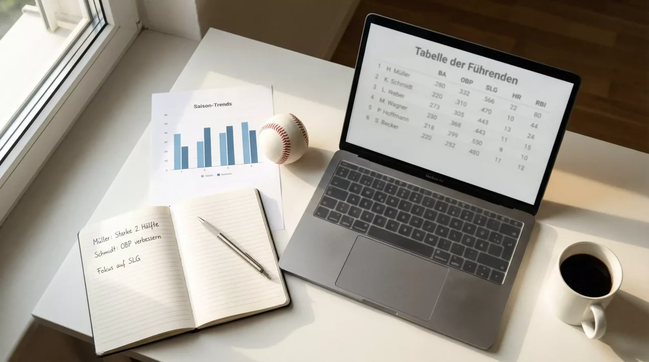 Baseball Statistik-Seiten: Laptop mit FanGraphs-Daten und Baseball
