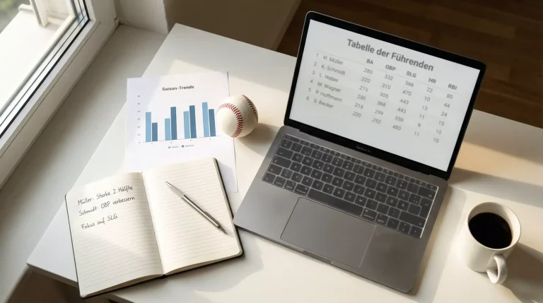 Baseball Statistik-Seiten: Laptop mit FanGraphs-Daten und Baseball