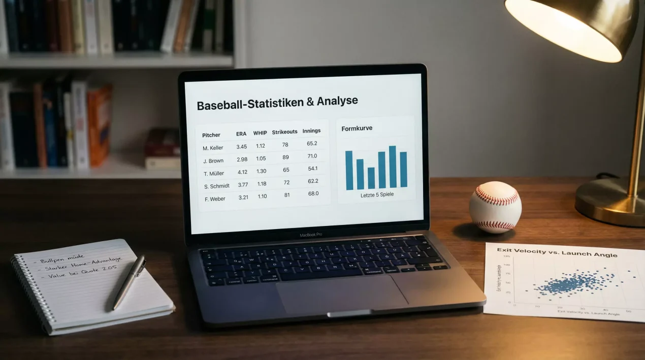 Baseball Statistiken Analyse — Laptop mit Pitcher-Daten neben einem Baseball und Notizbuch