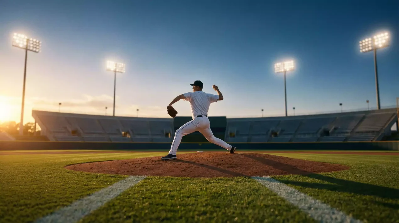 Baseball Wetten Strategie — MLB-Stadion bei Flutlicht mit Rasenfeld und Pitcher auf dem Mound