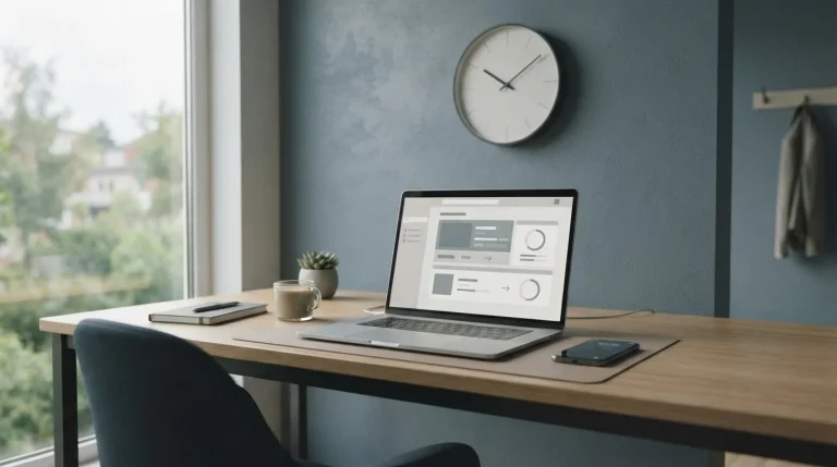 Laptop mit digitaler Zahlungsschnittstelle und Zeitanzeige auf modernem Schreibtisch