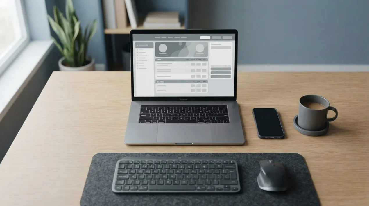 Laptop mit neutraler Wettplattform-Oberfläche auf Schreibtisch ohne sichtbare Ausweisdokumente