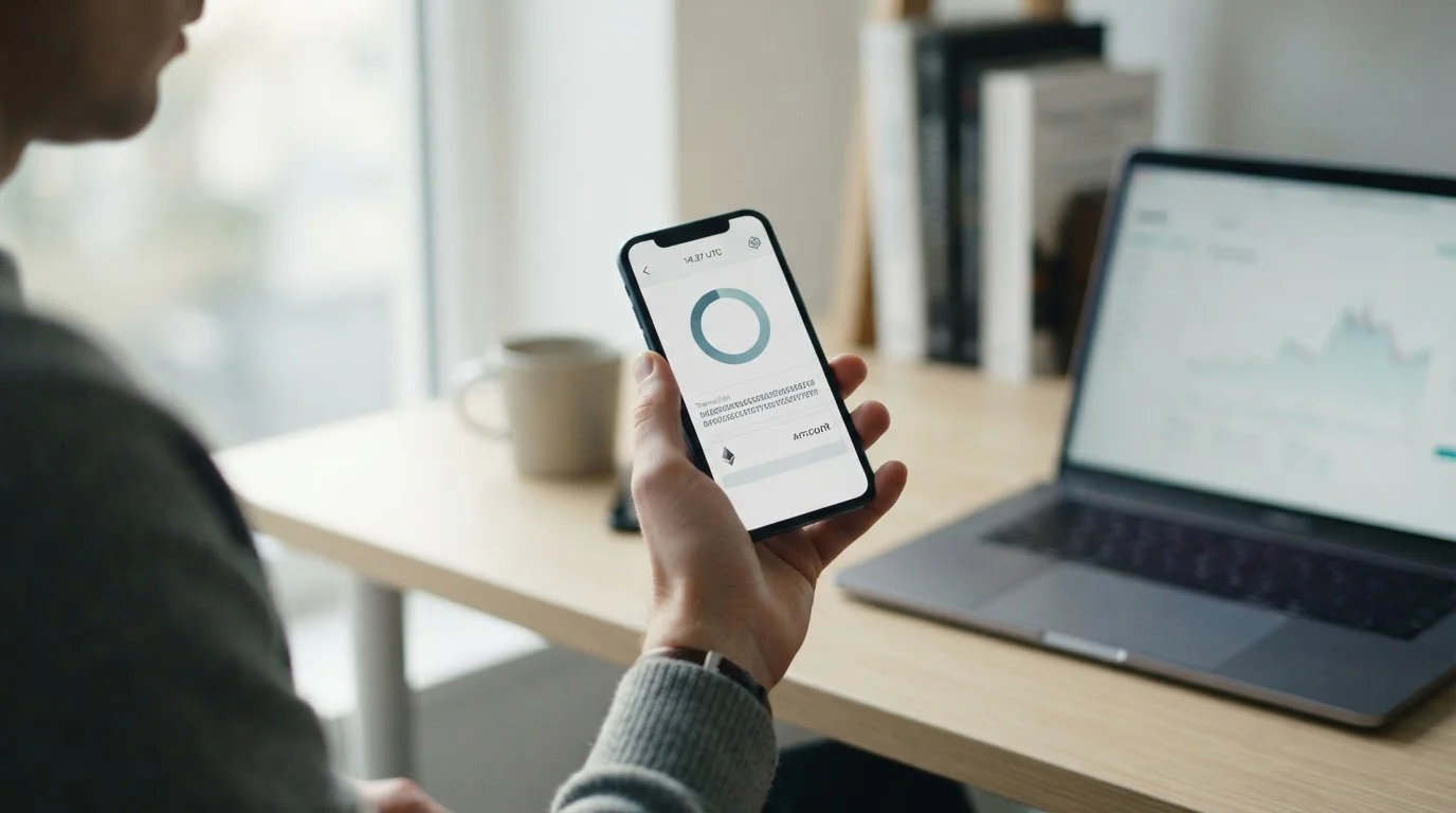 Smartphone mit abstraktem Zahlungsvorgang und Zeitangaben zur Bitcoin-Transaktion