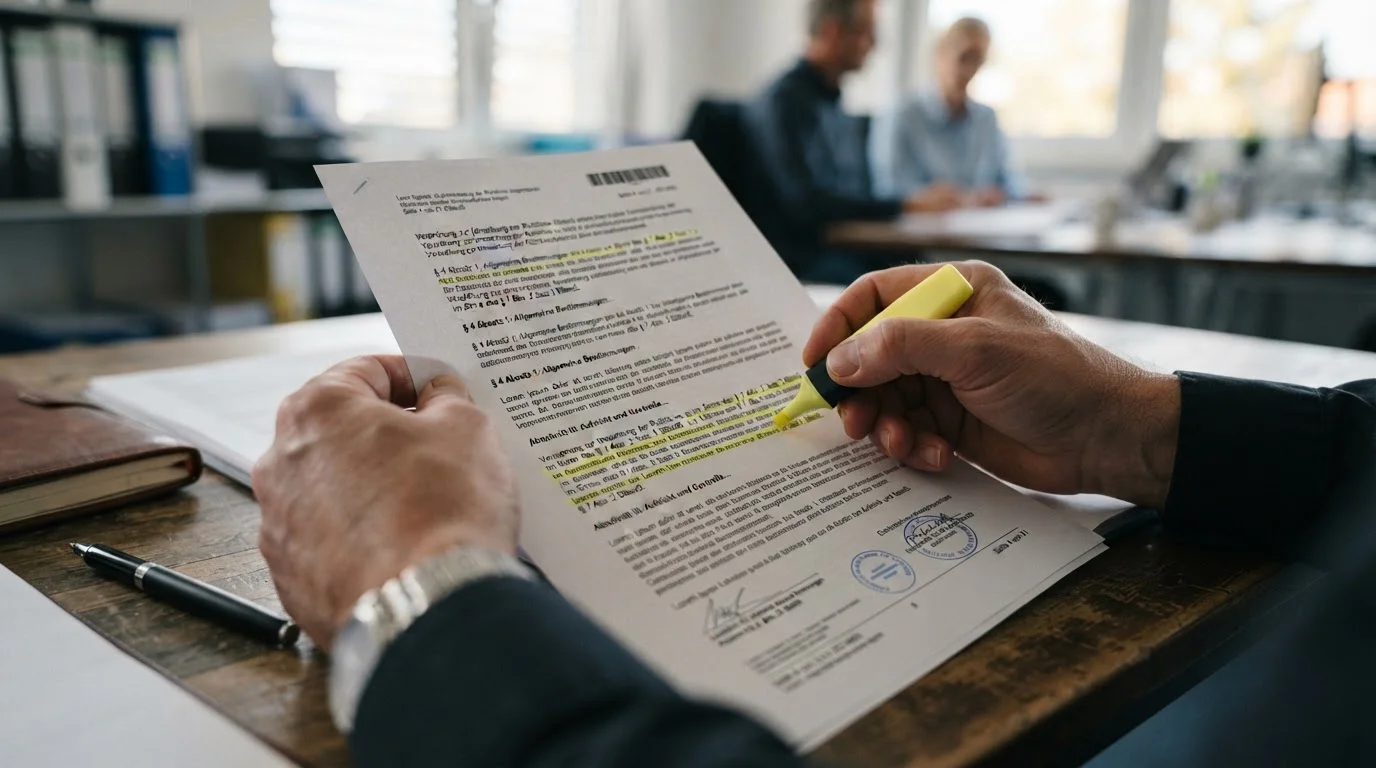 Amtlich wirkende Regulierungsunterlagen zur deutschen Glücksspiellizenz mit Textmarker auf einem Schreibtisch