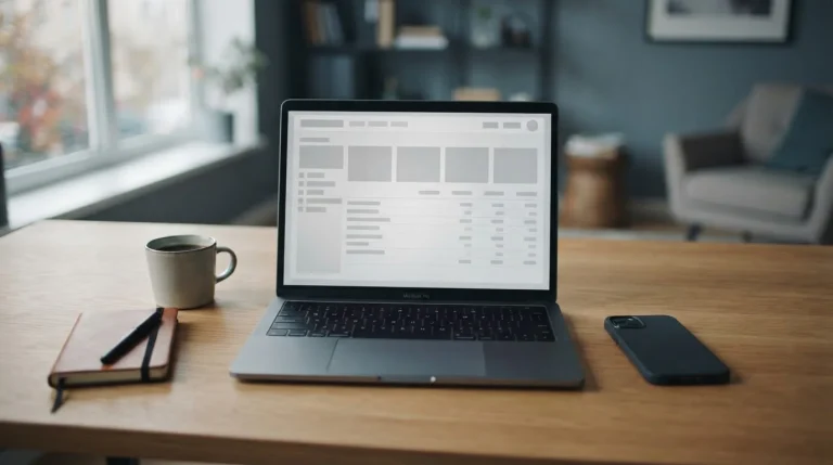 Laptop mit abstrakten Zahlungsoptionen und Sportwetten-Vergleich auf neutralem Schreibtisch