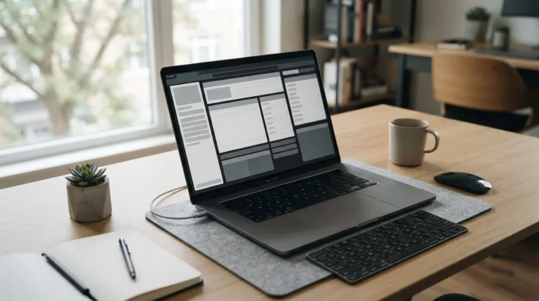 Laptop mit minimalistischer Wettplattform-Oberfläche auf modernem Schreibtisch