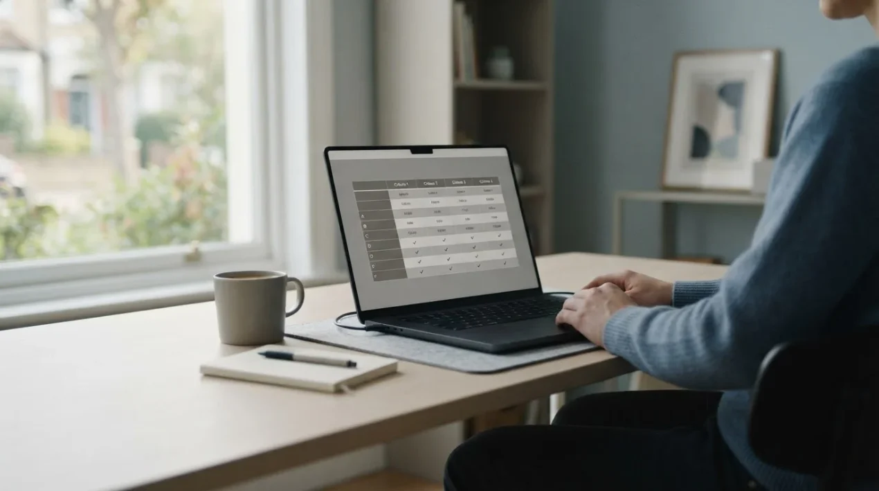 Laptop mit Vergleichstabelle verschiedener Wettanbieter auf neutralem Schreibtisch