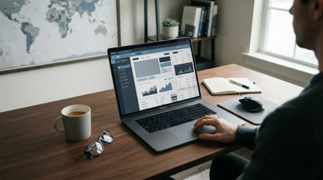 Laptop mit abstrakten Wettplattformen und internationalen Lizenzsymbolen auf neutralem Schreibtisch