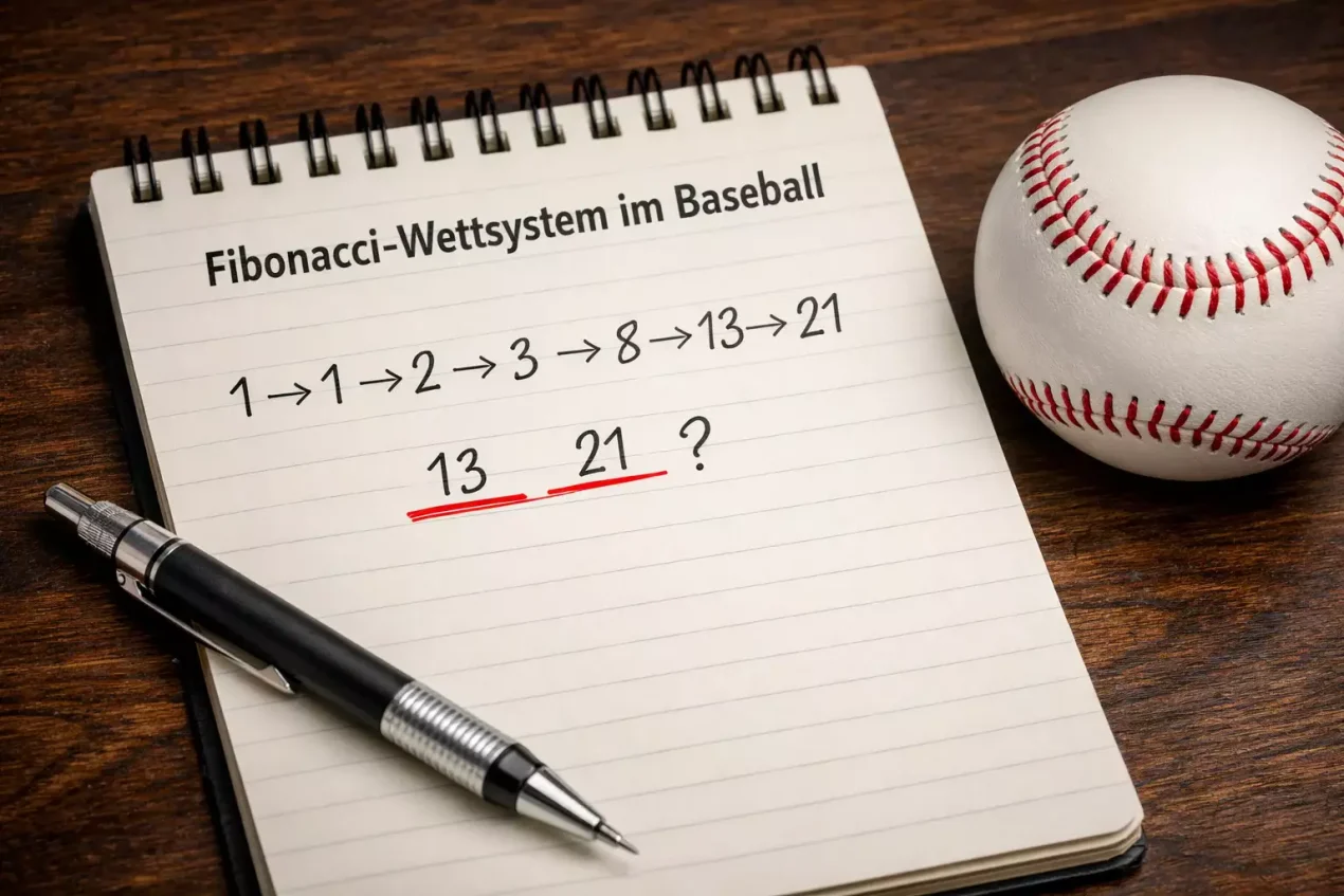 Fibonacci Wettsystem im Baseball — Zahlenfolge auf einem Notizblock neben einem Baseball und Stift
