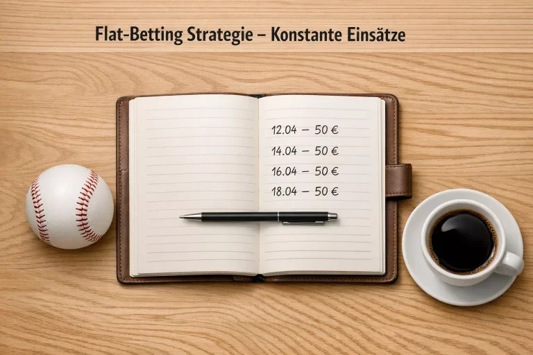 Flat Betting Strategie im Baseball — aufgeräumter Schreibtisch mit Notizbuch, Stift und einem Baseball