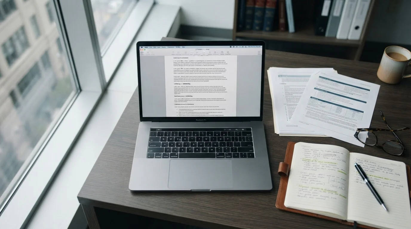 Offizielle Dokumente und Laptop mit Gesetzestexten auf Schreibtisch