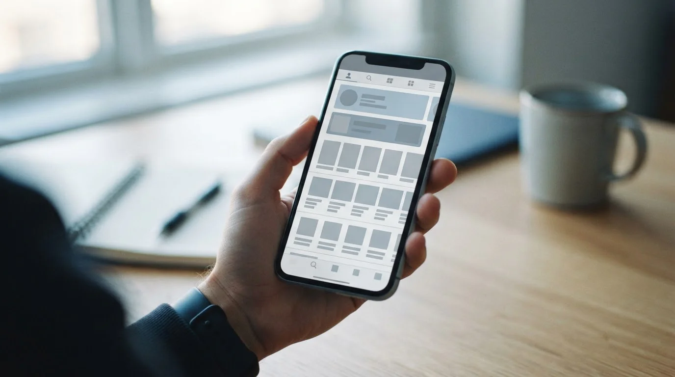 Smartphone-Bildschirm zeigt abstrakten deutschen App-Store mit neutralen Platzhaltern
