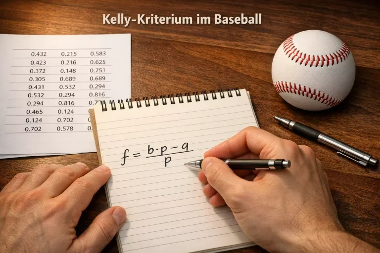 Kelly-Kriterium für Sportwetten — Notizbuch mit handgeschriebener Formel und Baseball auf einem Schreibtisch