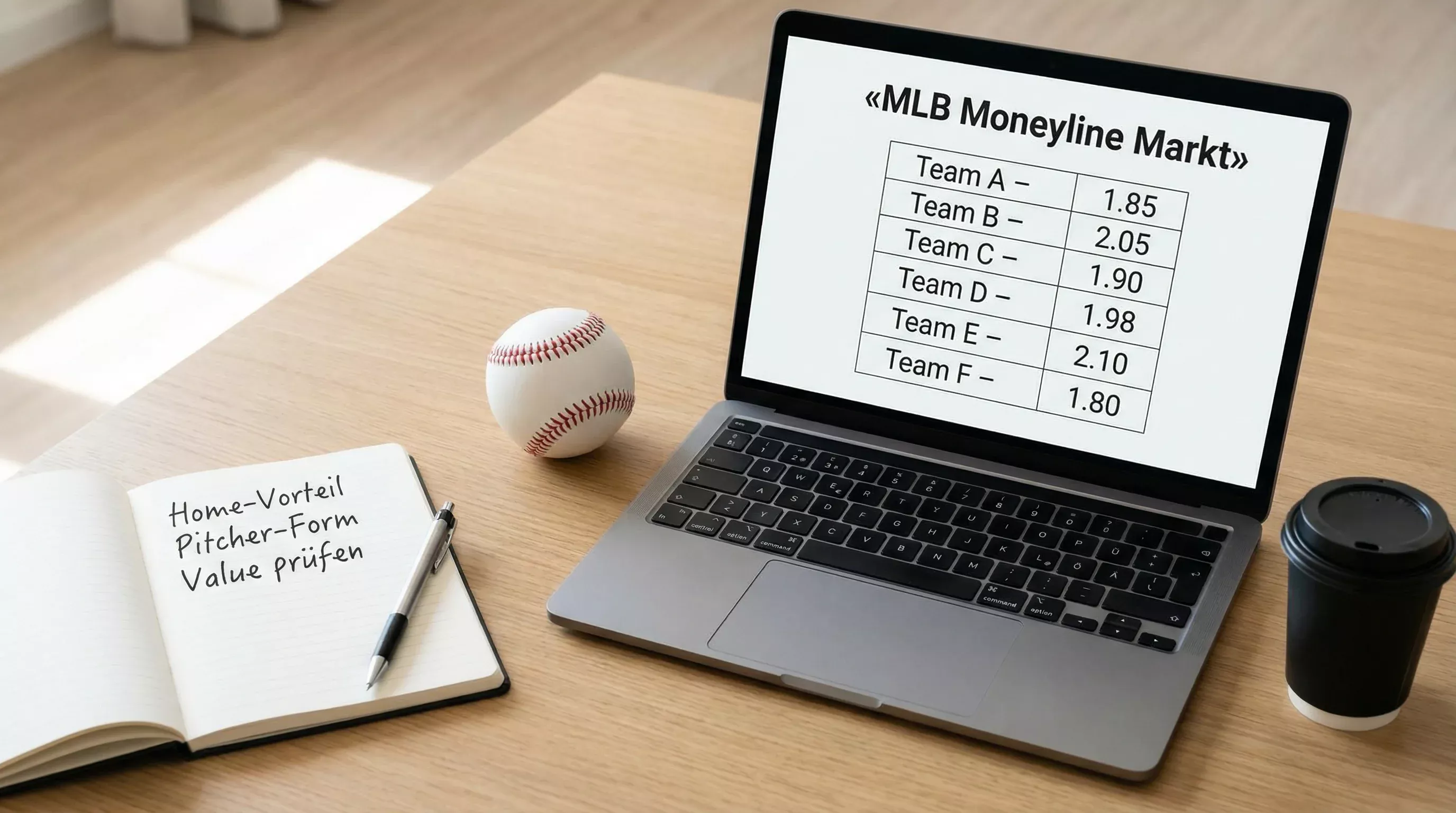 MLB Baseball Wettmarkt — Moneyline-Quoten auf einem Bildschirm neben einem Baseball