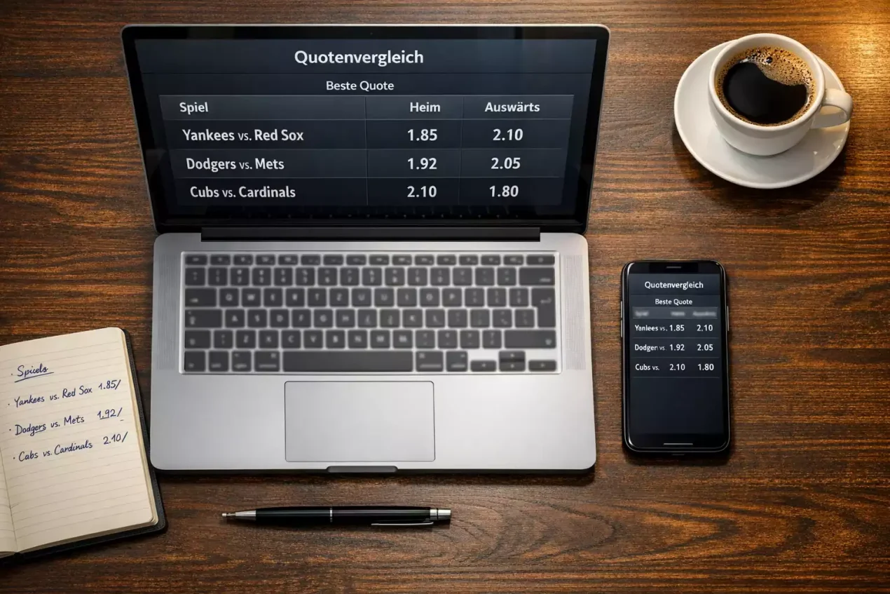 MLB Quotenvergleich – Laptop und Smartphone mit Sportwetten-Quoten auf dem Schreibtisch