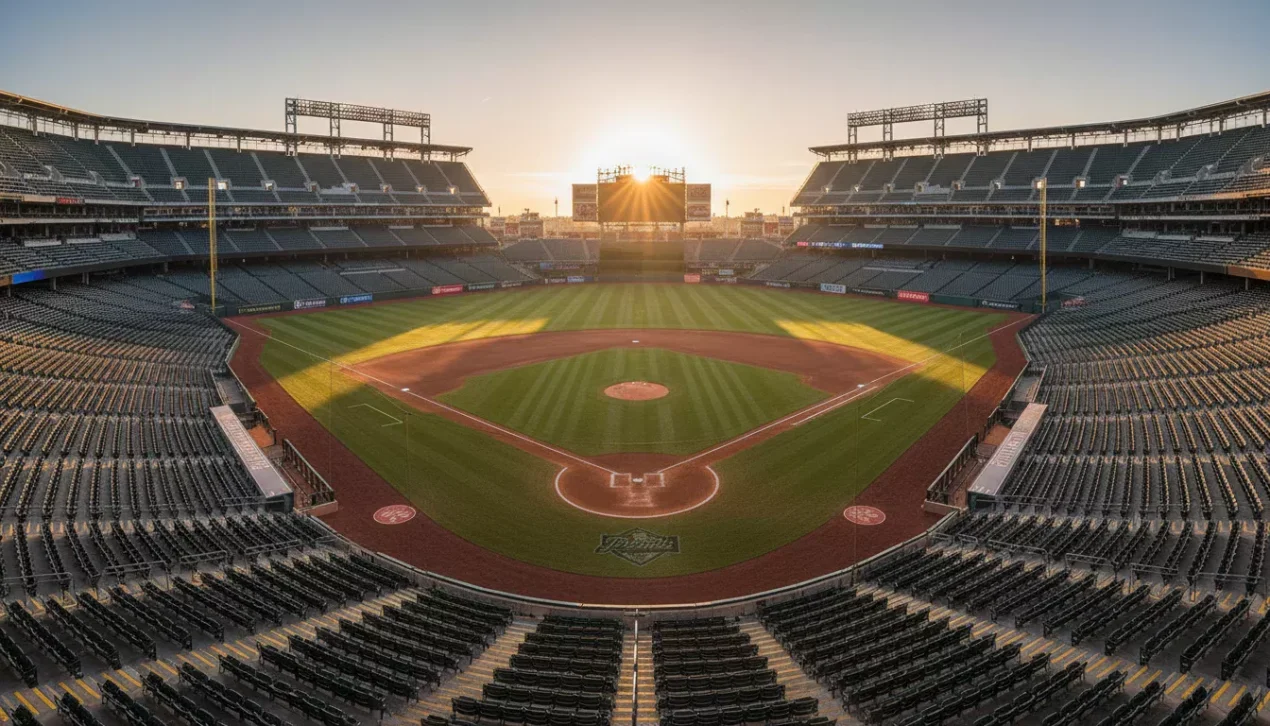 MLB Saisonsiege Over/Under — leeres Baseballstadion vor Saisonstart bei Sonnenaufgang