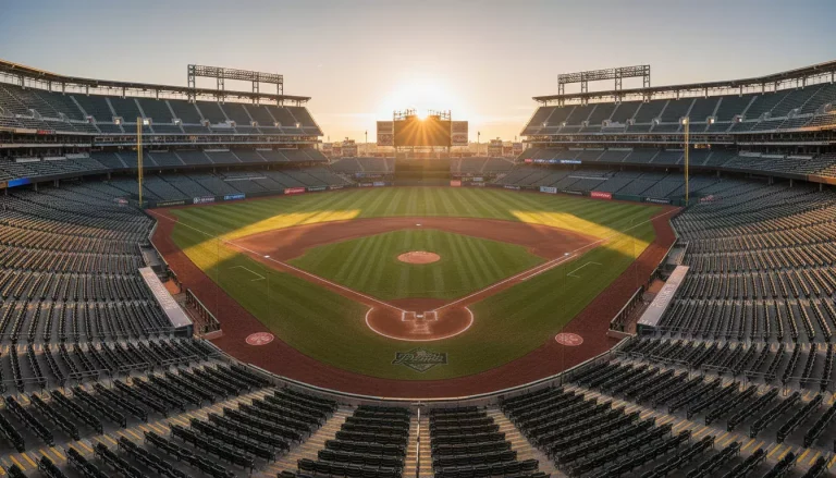MLB Saisonsiege Over/Under — leeres Baseballstadion vor Saisonstart bei Sonnenaufgang