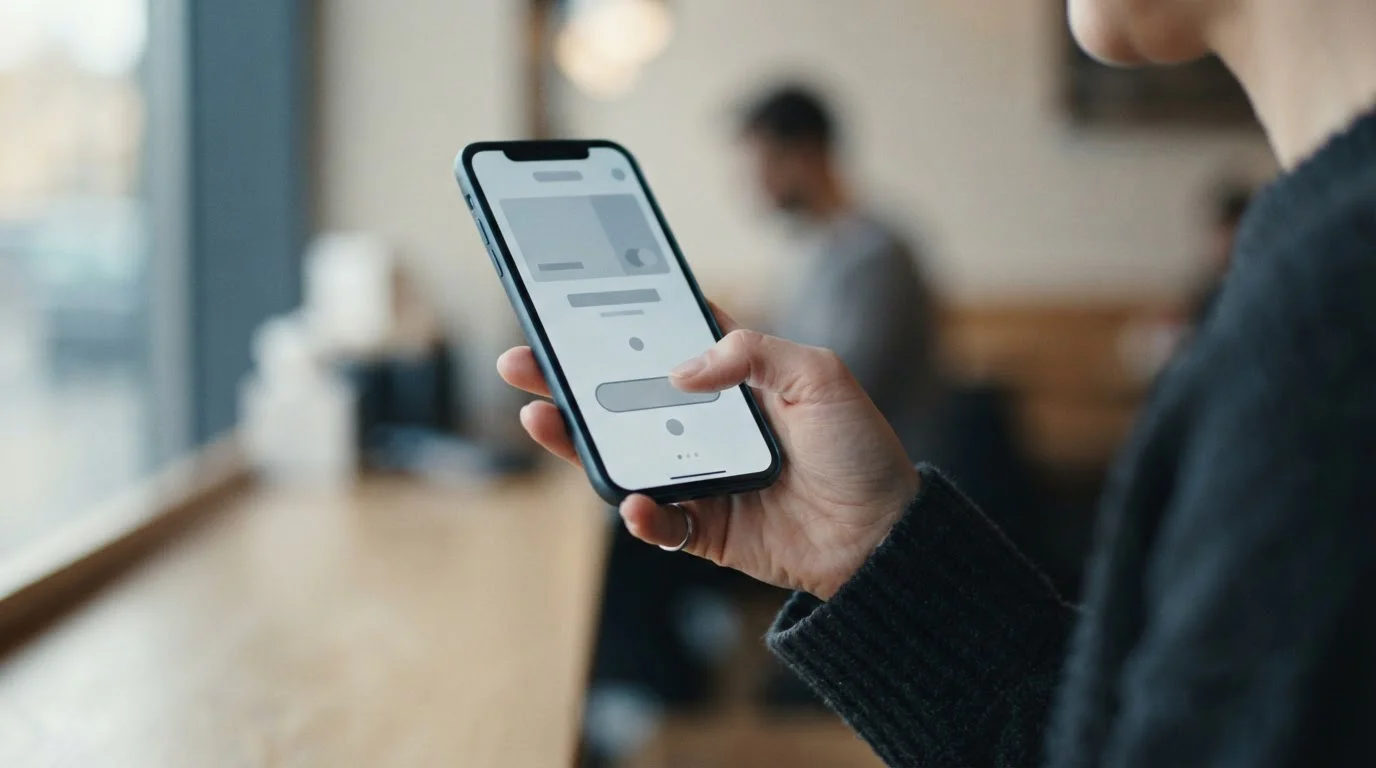 Smartphone mit Zahlungs-Interface in Hand gehalten