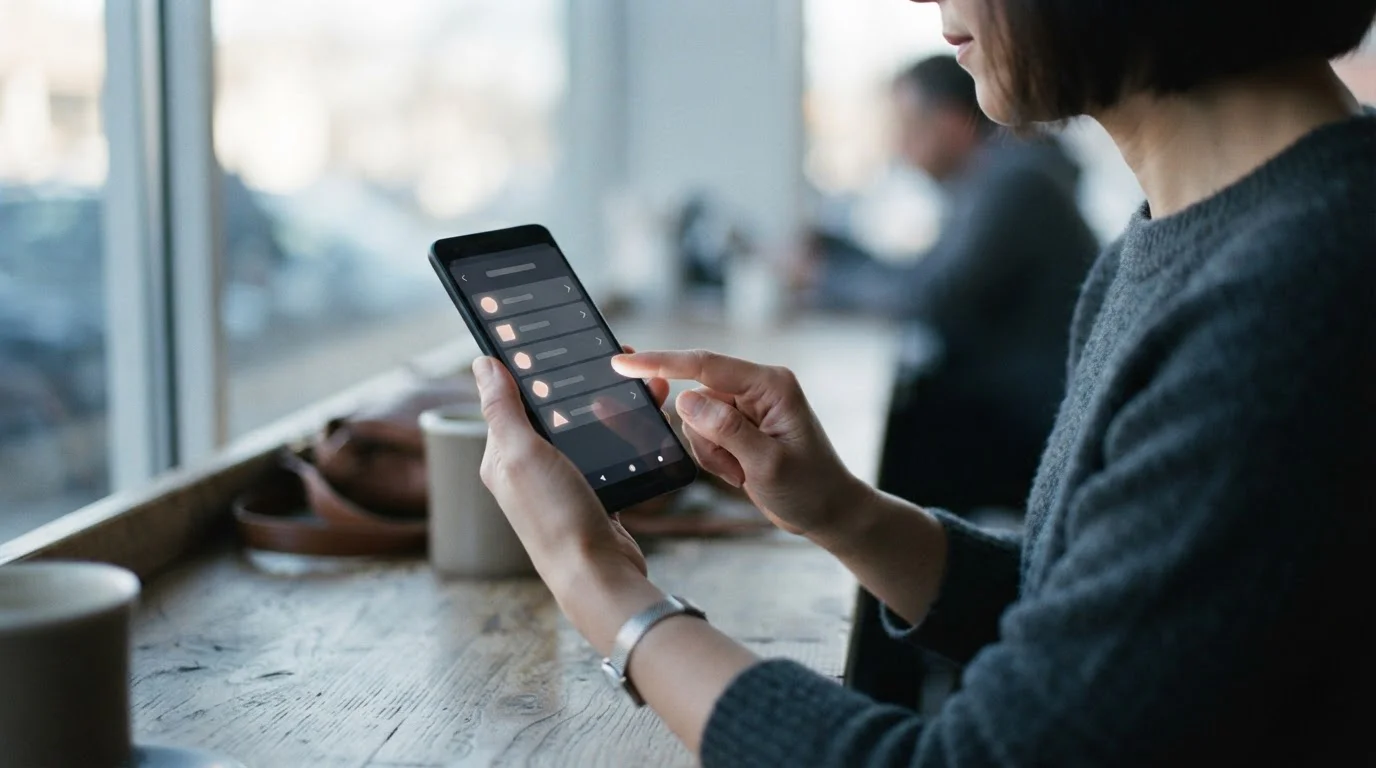 Hand wählt Zahlungsoption auf Smartphone-Bildschirm mit abstrakten Symbolen