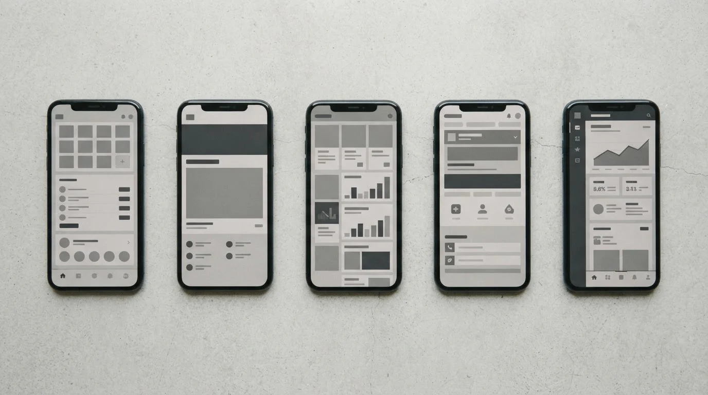 Mehrere Smartphones nebeneinander mit unterschiedlichen neutralen App-Oberflächen im Vergleich