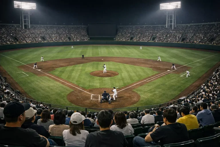 NPB Wetten: Japanisches Baseball-Stadion bei Nacht