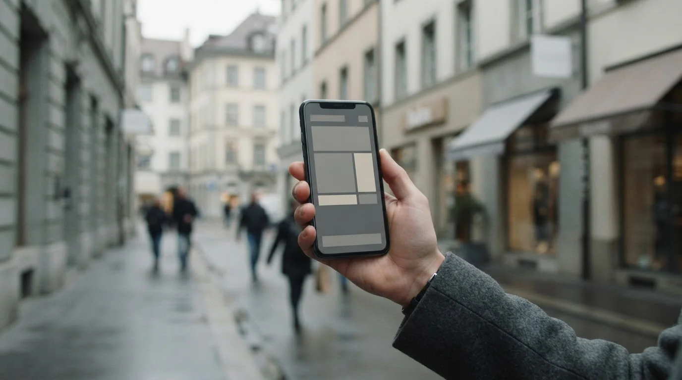 Smartphone in der Hand vor unscharfem Hintergrund einer Geschäftsstraße