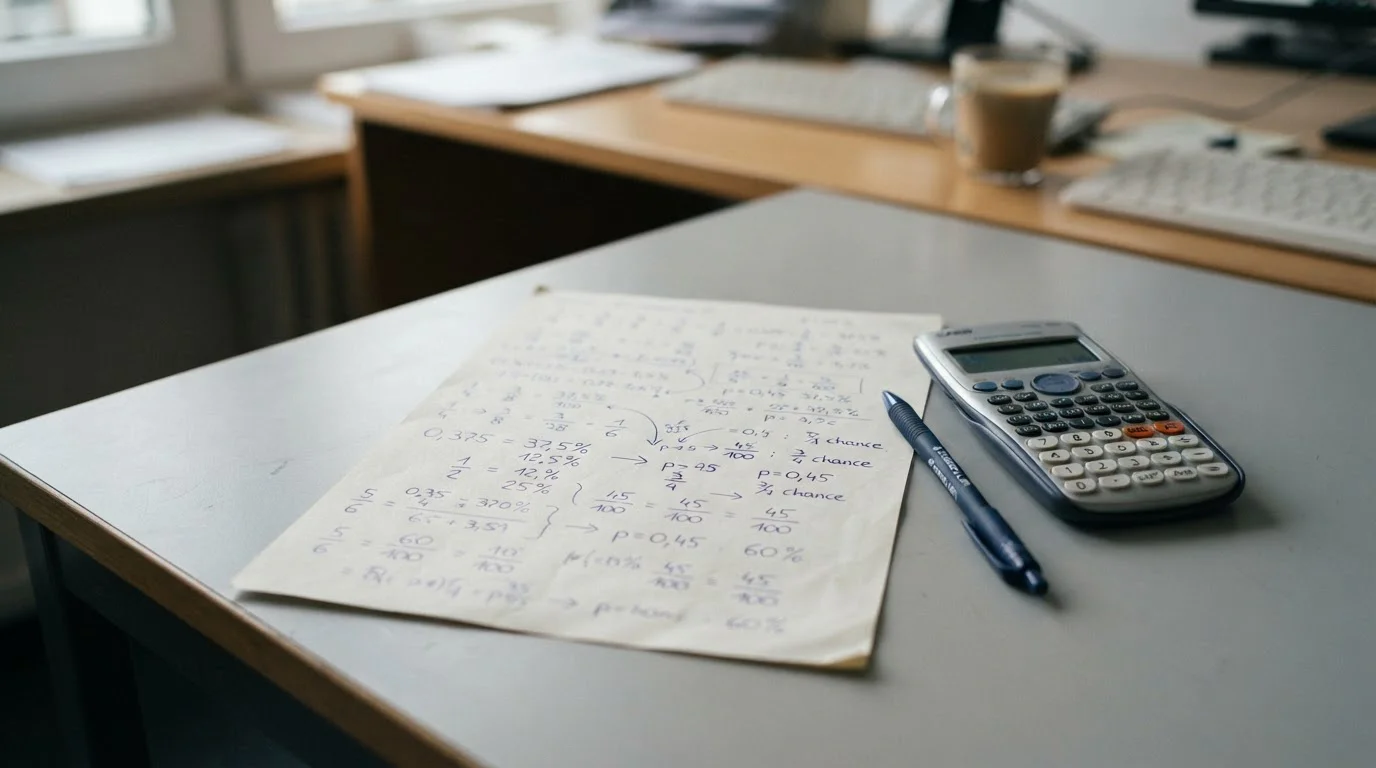 Nahaufnahme einer Overround-Berechnung mit Quoten und Prozentwerten auf Papier neben einem Taschenrechner