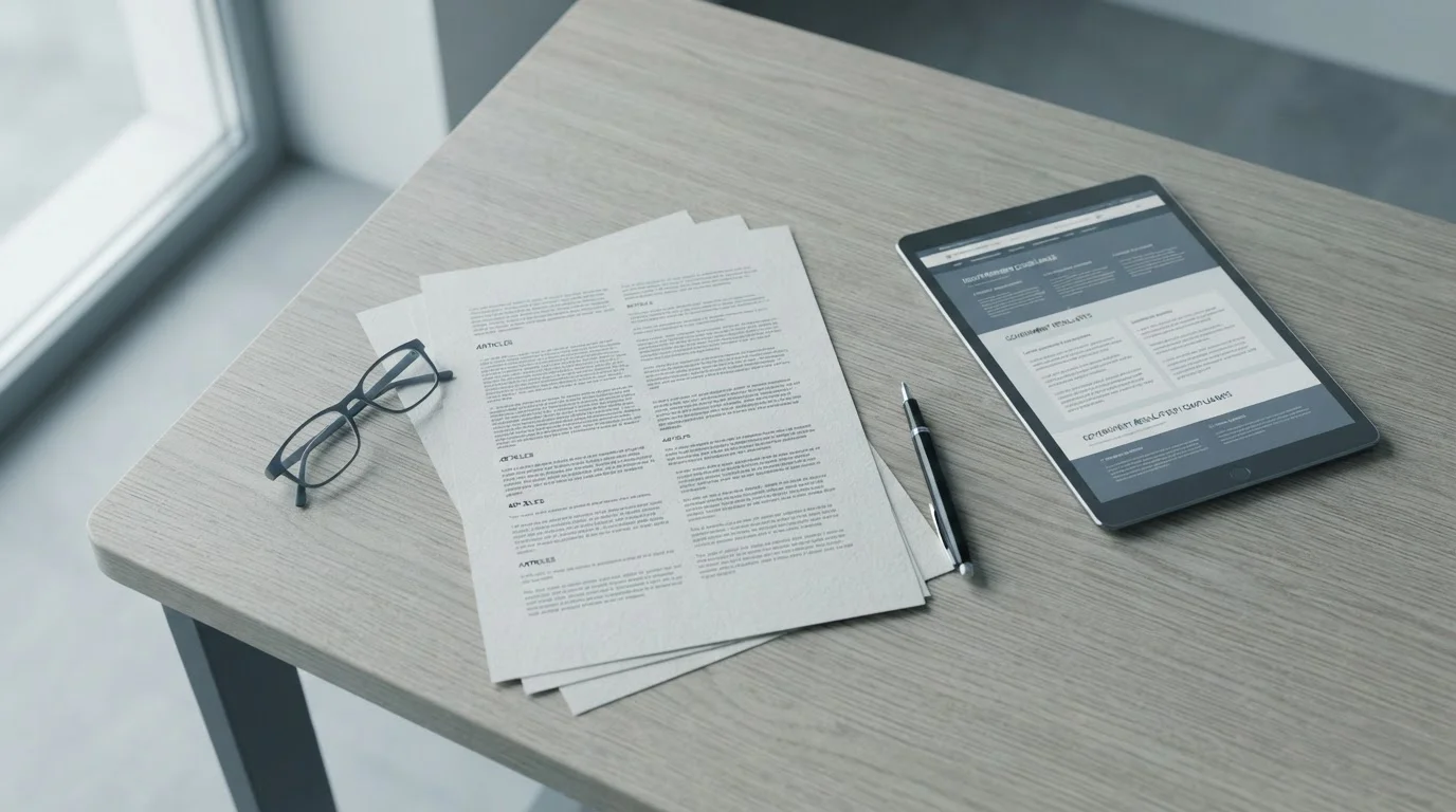Dokument mit Gesetzestexten und Tablet auf Schreibtisch