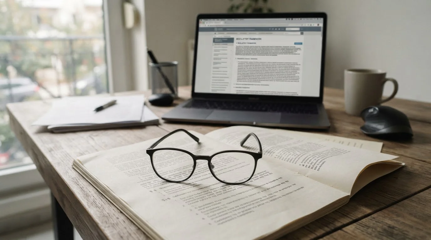 Paragrafenzeichen und Gesetzestexte auf Schreibtisch mit Laptop im Hintergrund