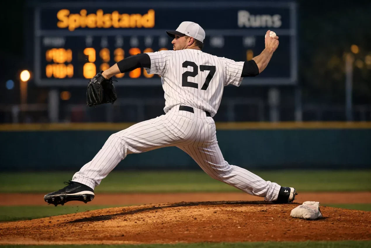 Run Line Wette Baseball – Pitcher wirft im MLB-Spiel mit Anzeigetafel im Hintergrund