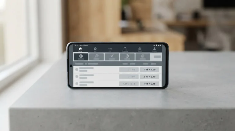 Android-Smartphone mit Sportwetten-App-Oberfläche auf neutralem Hintergrund