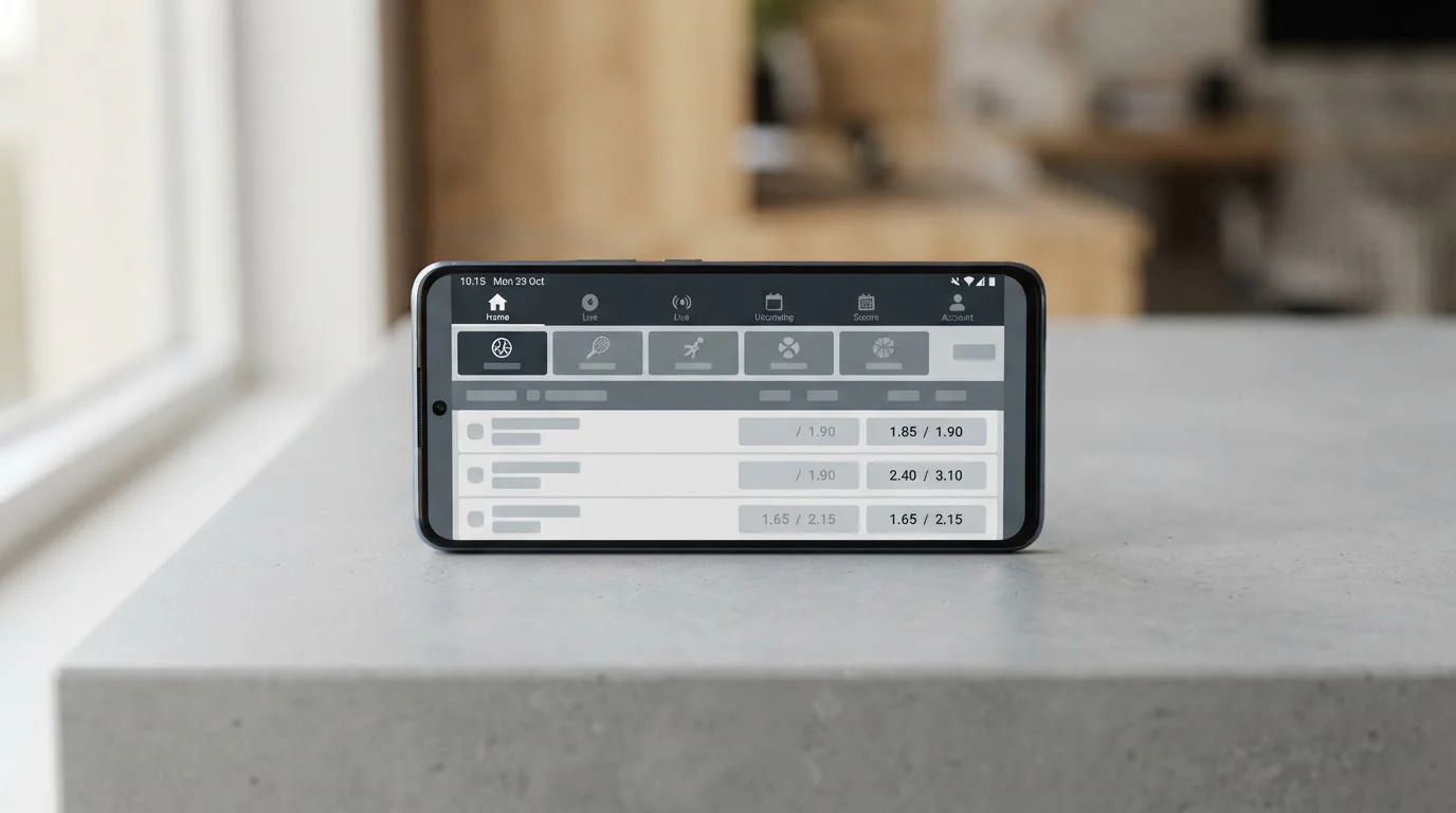 Android-Smartphone mit Sportwetten-App-Oberfläche auf neutralem Hintergrund