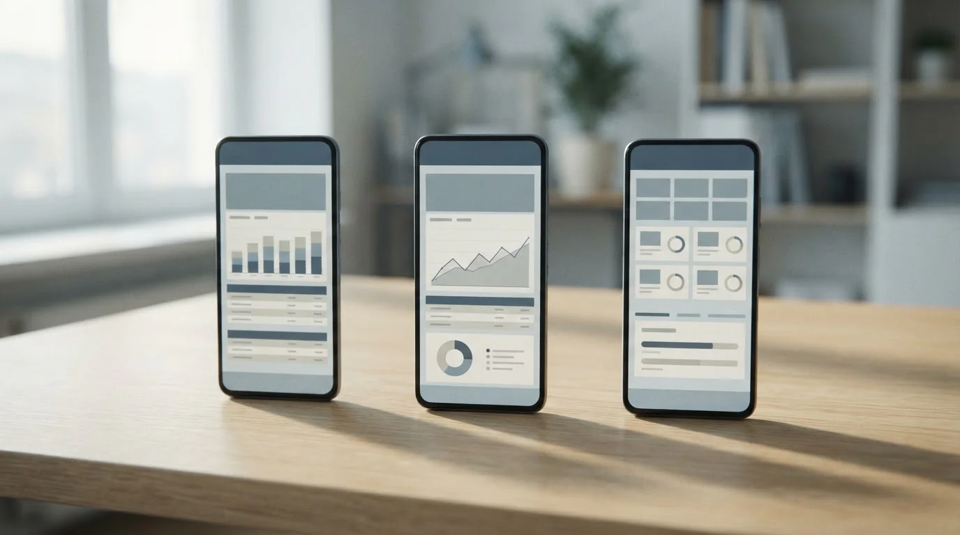 Mehrere Smartphones nebeneinander mit abstrakten App-Oberflächen zum Vergleich