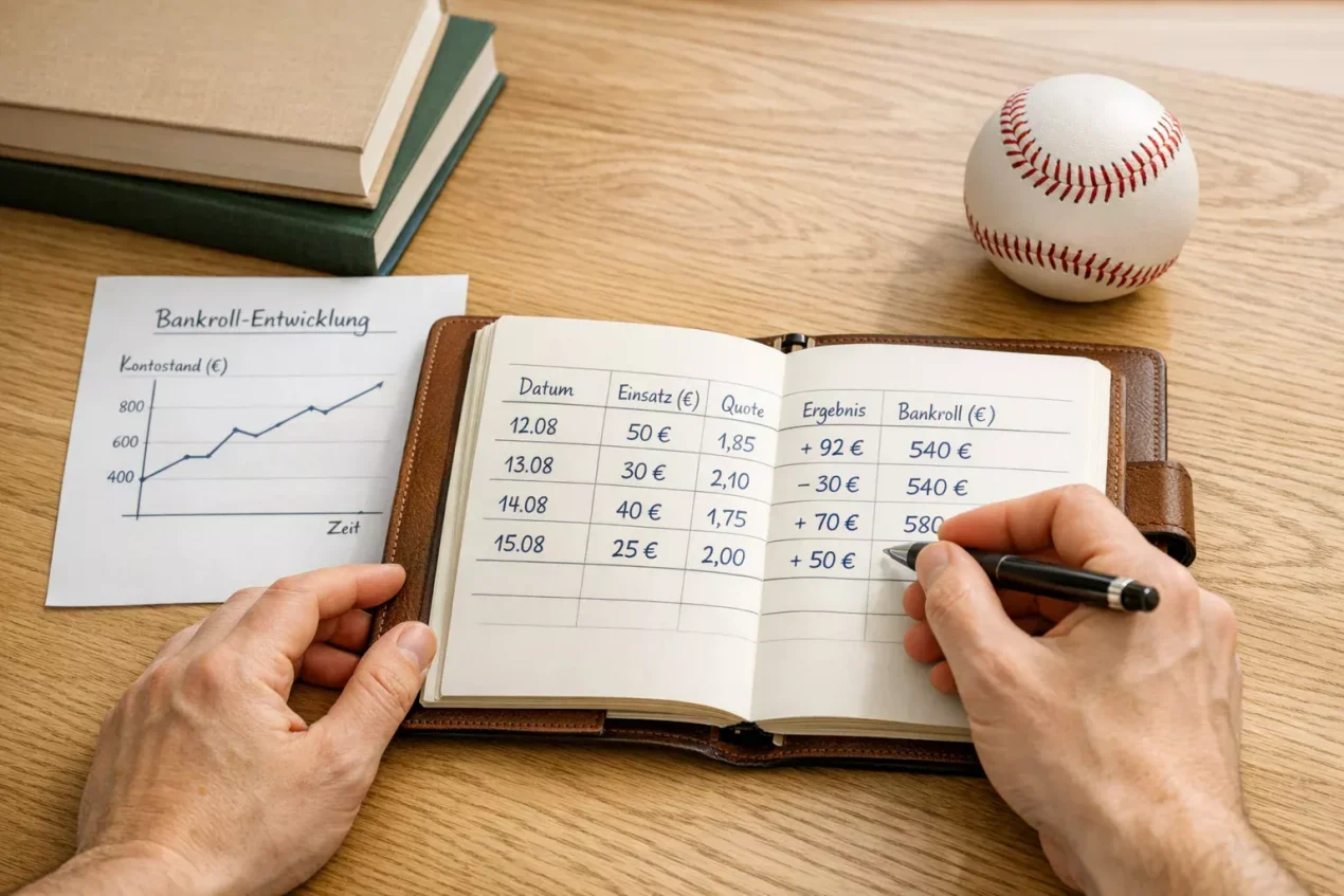 Sportwetten Bankroll aufbauen: Notizbuch mit Wett-Tracking auf Schreibtisch
