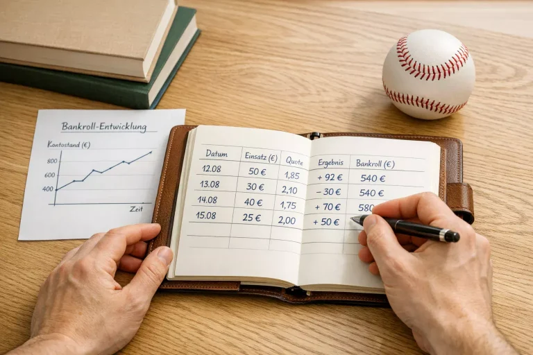 Sportwetten Bankroll aufbauen: Notizbuch mit Wett-Tracking auf Schreibtisch