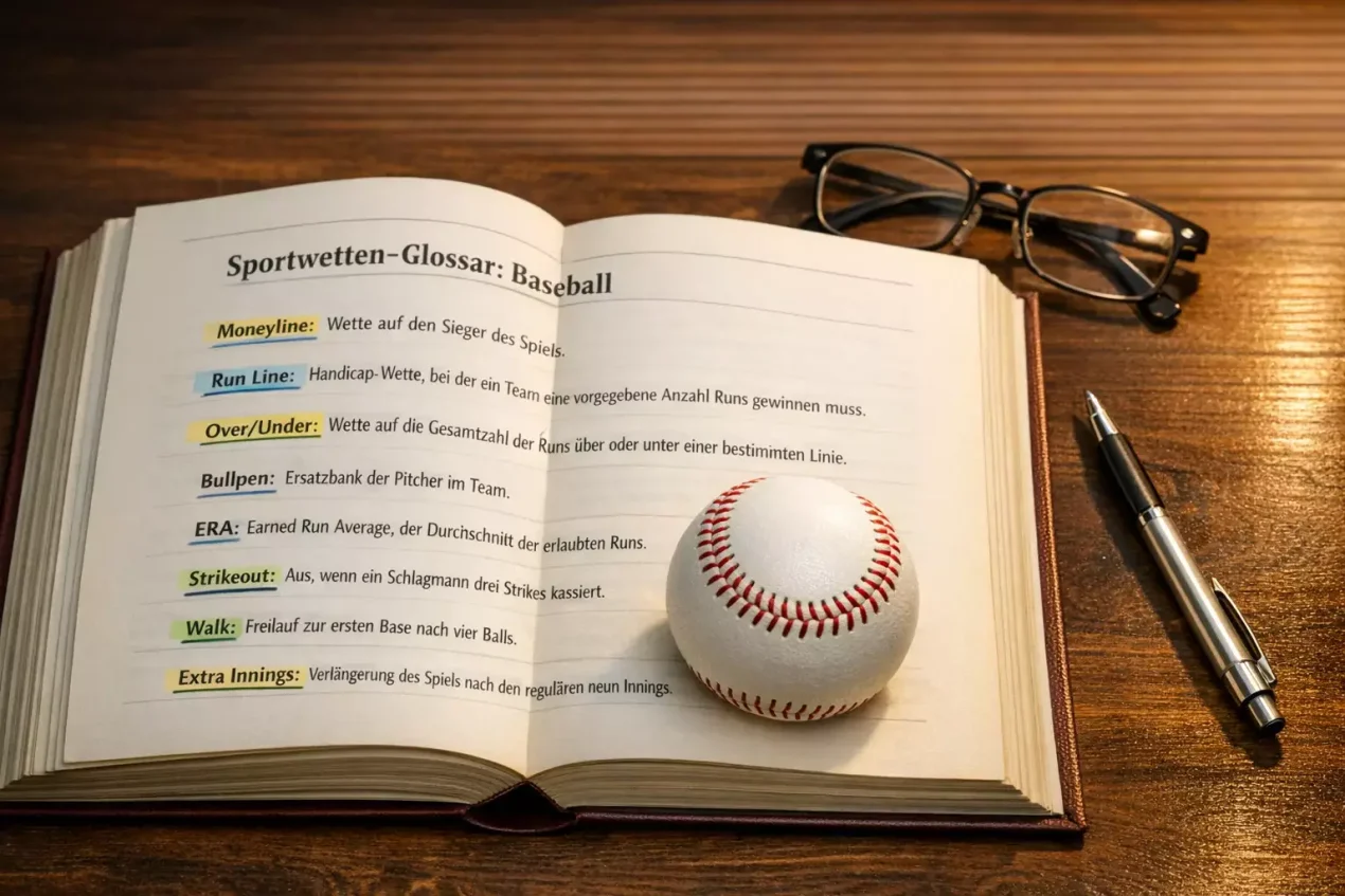 Sportwetten Glossar: Aufgeschlagenes Wörterbuch mit Baseball