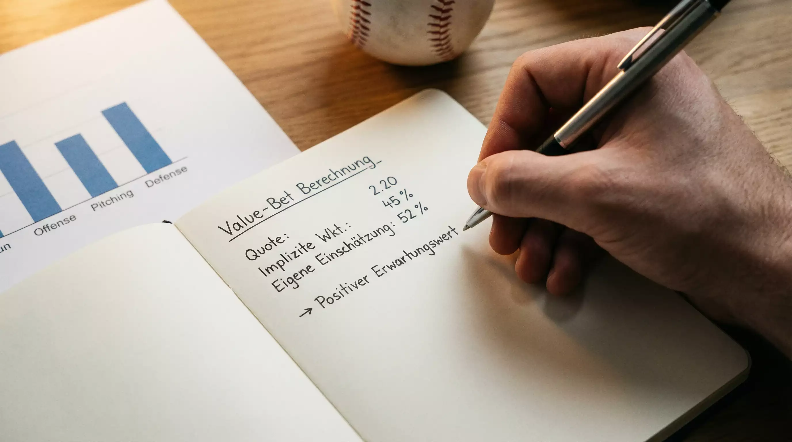 Value Bet Berechnung für Baseball Sportwetten — Notizbuch mit Stift und Quotenvergleich