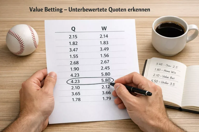 Value Betting im Baseball — Person analysiert Quotenvergleich in einem Notizbuch mit Baseball im Hintergrund