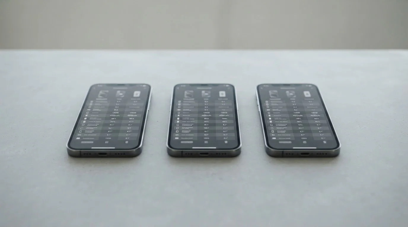 Drei Smartphones nebeneinander mit abstrakten Vergleichsdaten auf neutralen Bildschirmen