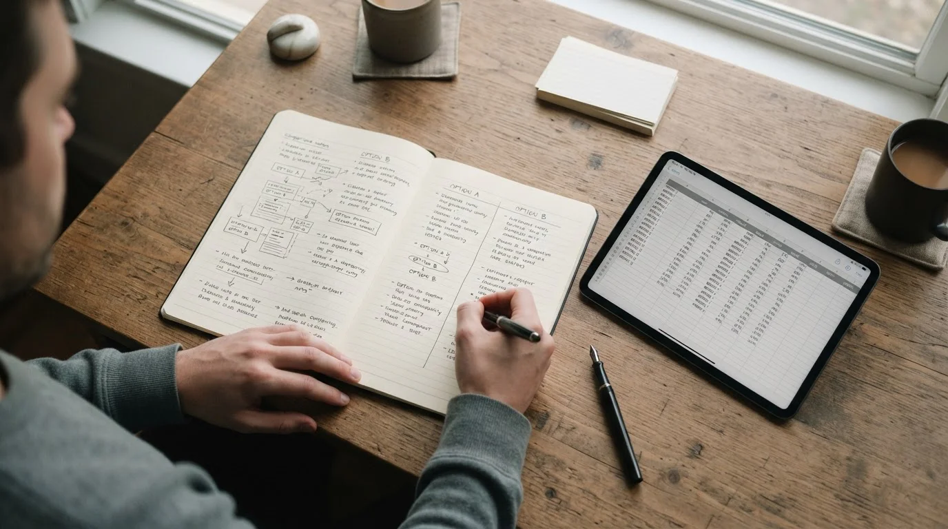 Arbeitsplatz mit aufgeschlagenem Notizbuch und neutralem Tablet für Anbieter-Recherche